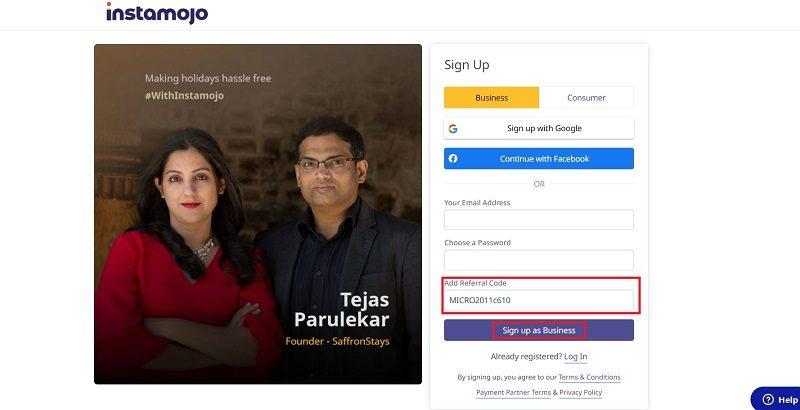 make sure to enter the Instamojo referral code you have.
