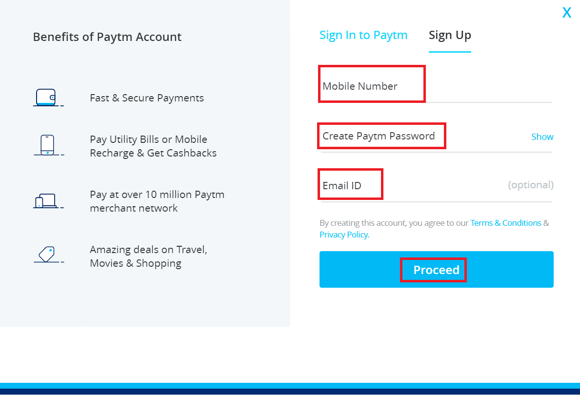 paytm signup page will appear. The boxes for mobile number, email ID, and password would appear. Fill the details and press continue.