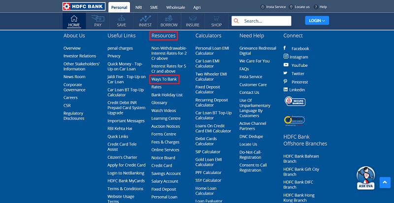 Move to the footer section to find Resources and click on Ways to bank under it