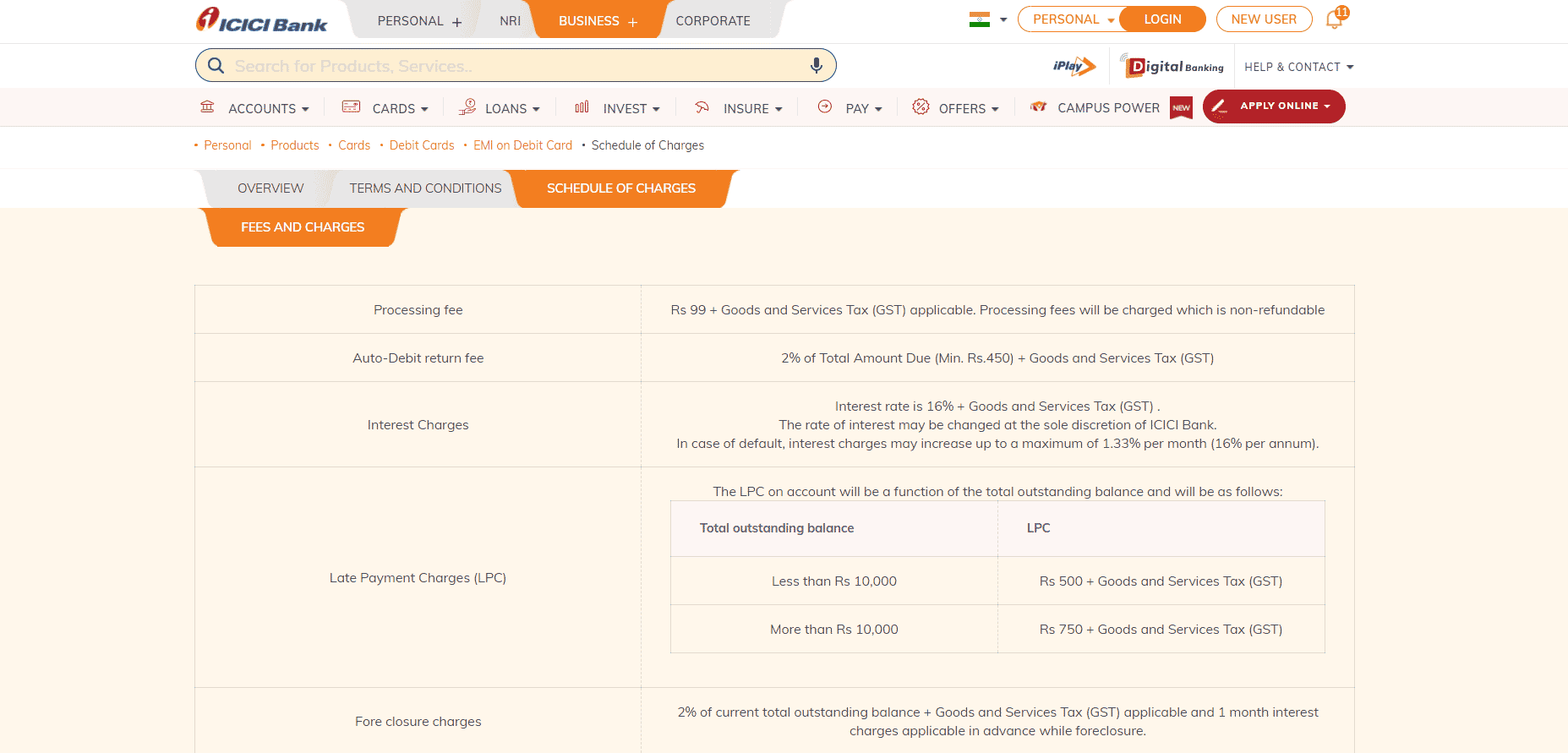 Debit Card EMI: Fees and charges | ICICI Debit Card EMI