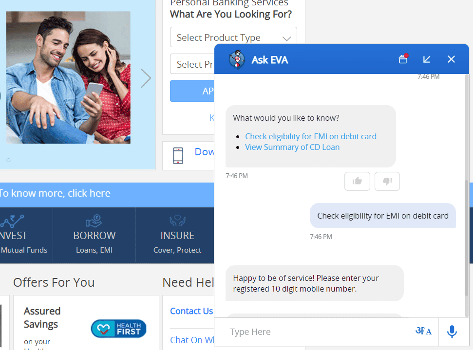 EVA Chatbot | HDFC Debit Card EMI Eligibility Check