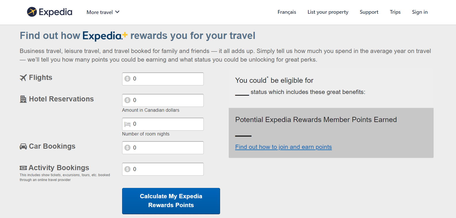 Expedia Points Calculator page