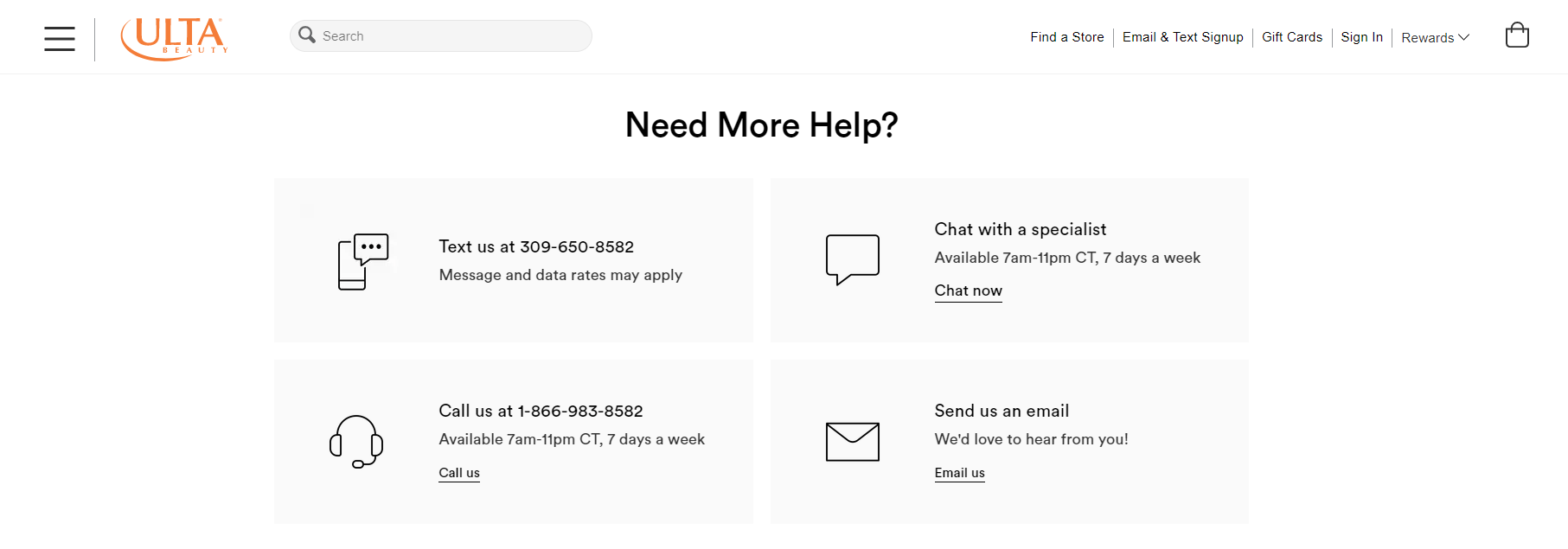 Need more help section | Ulta Credit Card Customer Service