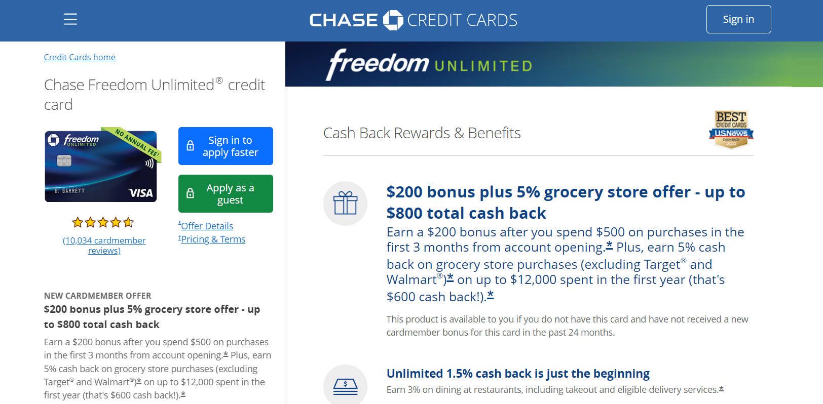 Chase Freedom Unlimited page | Debit card without SSN