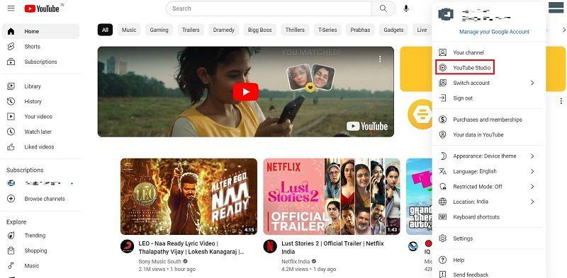 Click on the YouTube Studio option