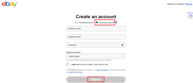 create a business account on eBay