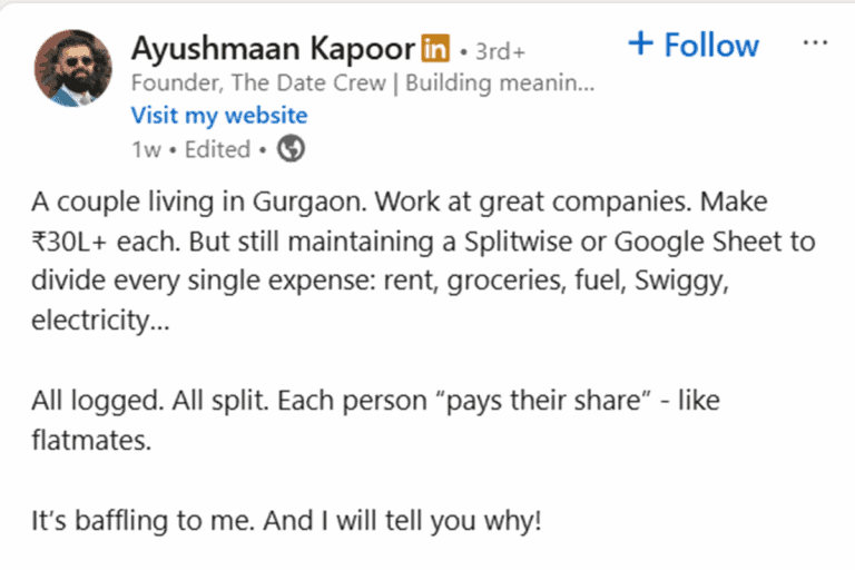 Gurgaon Couple Splits Bills Equally Despite ₹60 LPA Combined Income: Delhi Startup Founder Questions the Logic