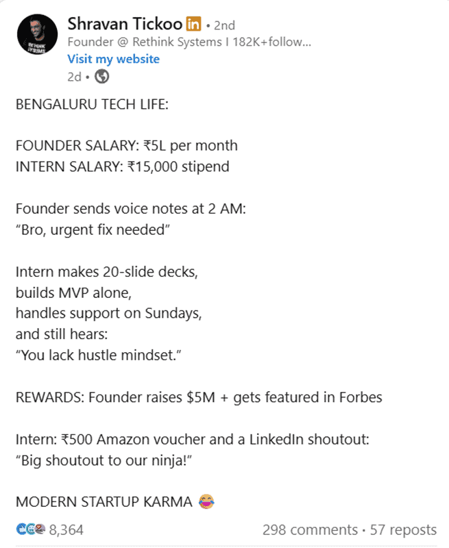 Bengaluru’s Founder Viral Post on Startup Hustle: ₹5 crore for founder, ₹500 for intern