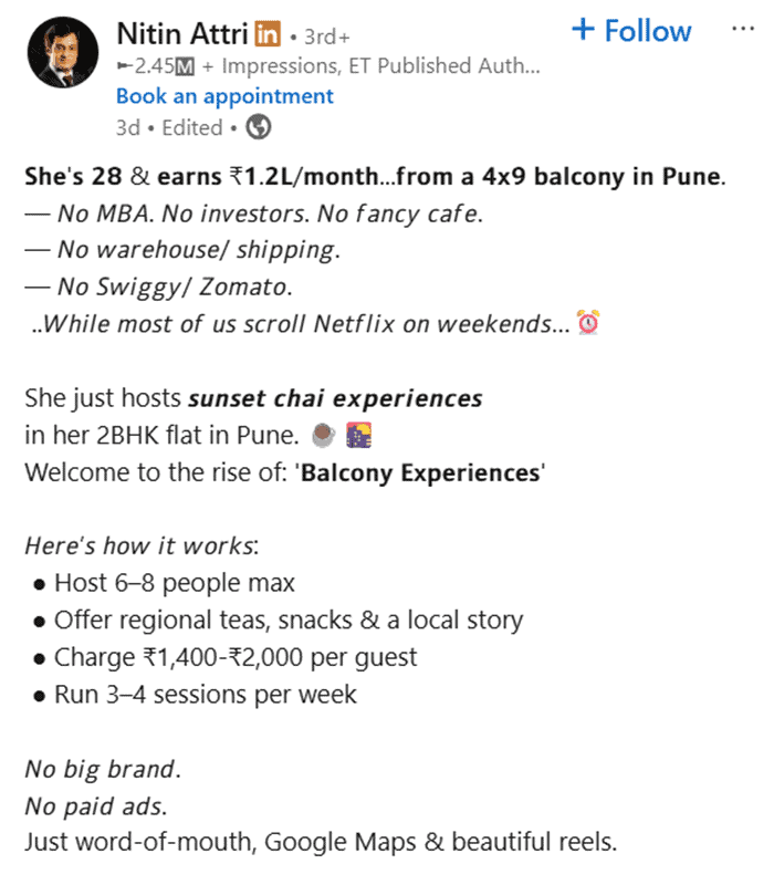 She’s 28, earns ₹1.2Lmonth from her 4x9 balcony in Pune Influencer’s Post on Rising Trend of Sunset Chai Experience